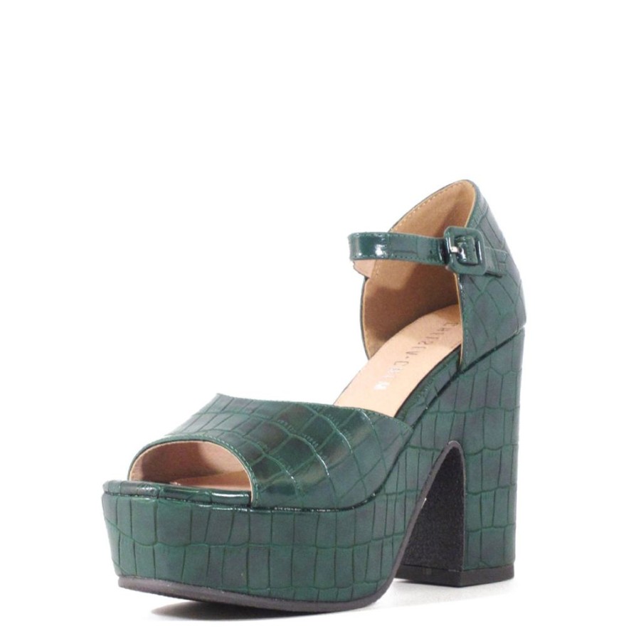 Women Chelsea Crew Open Toe Heels | Quill Green Croco